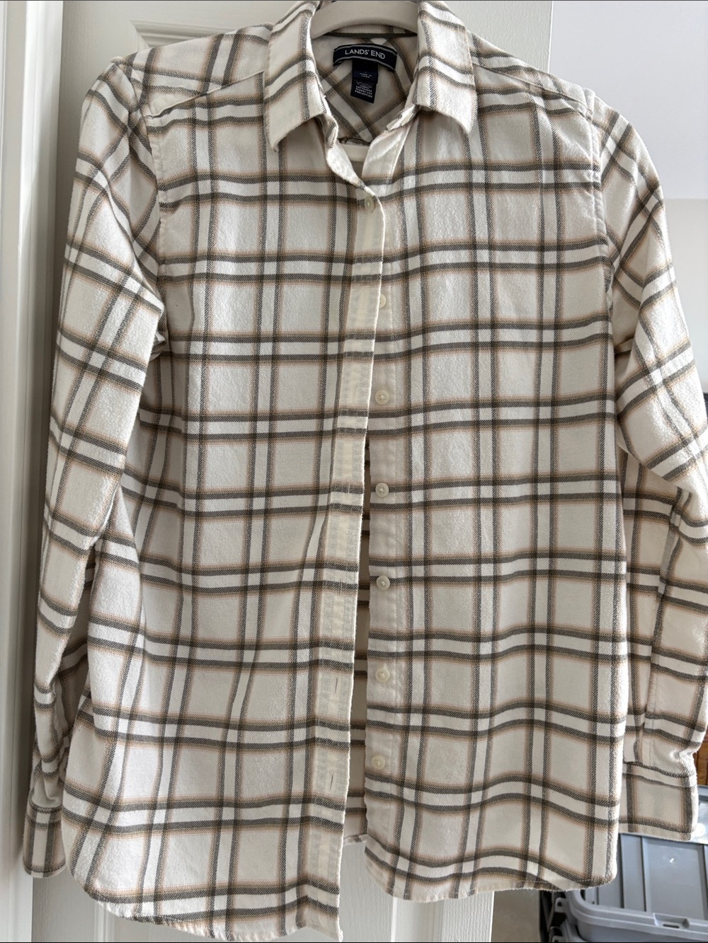 Lands' End Women’s Cream and Brown Plaid Button-Down Shirt